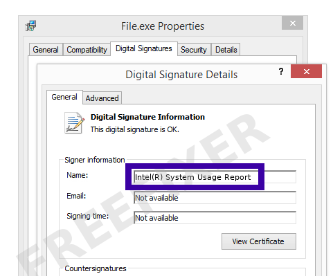 Screenshot of the Intel(R) System Usage Report certificate